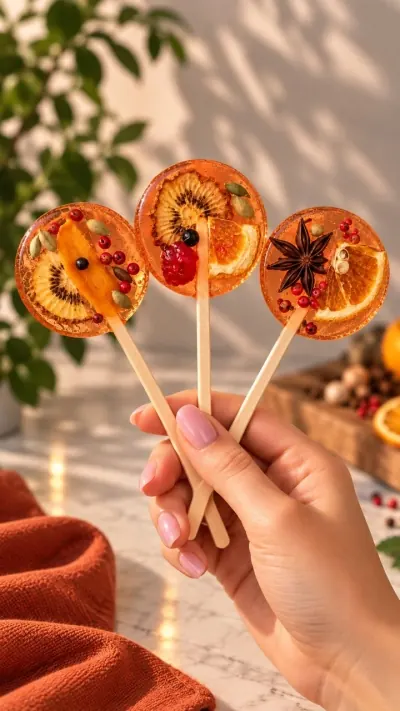 Três pirulitos com frutas e especiarias